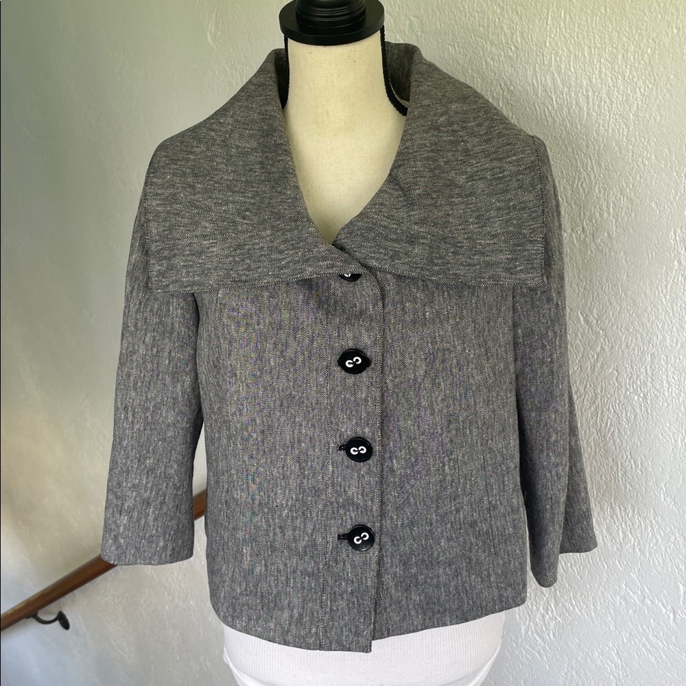 Lena Gabrielle Vintage Black white Linen Blend 4 Button 3/4 Sleeve Jacket 6